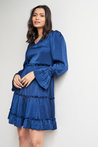 Navy Solid Flared Dress, Navy, image 3